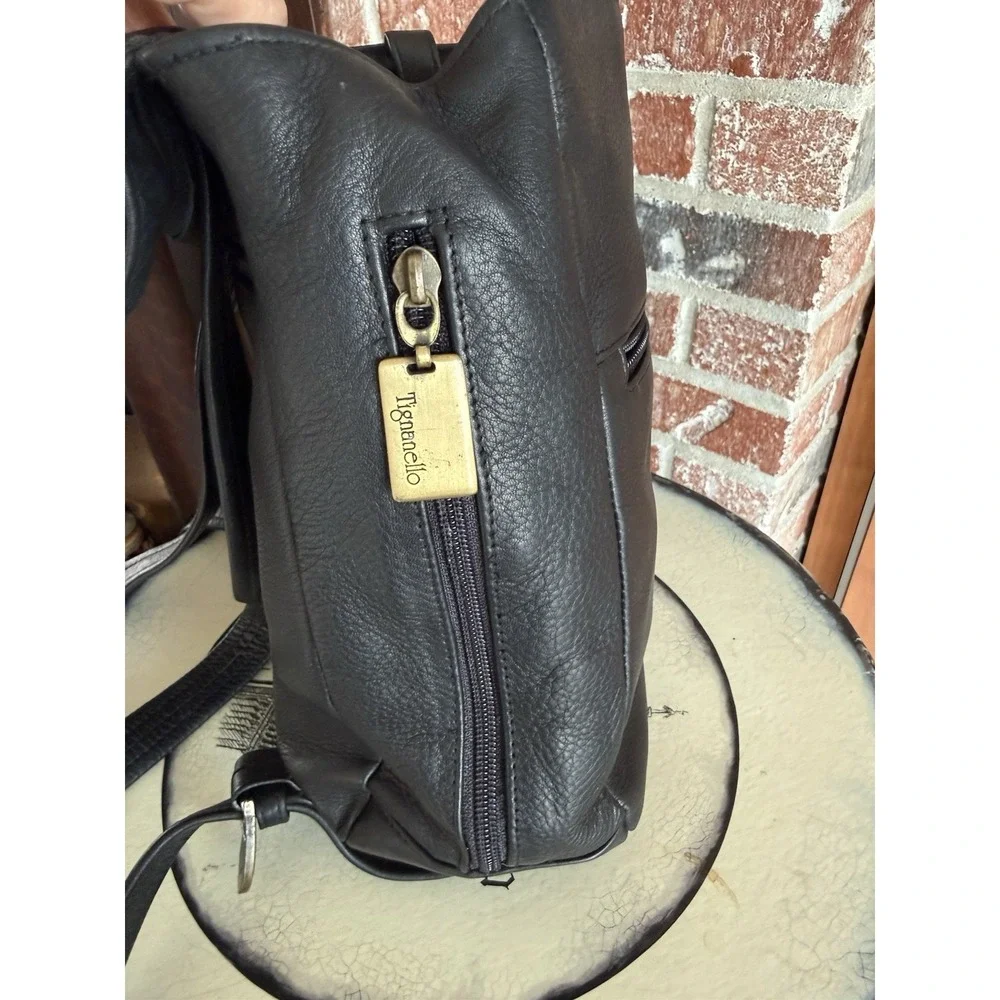 Tignanello Black Leather Sling Backpack Day Pack Handbag Purse Adj Strap